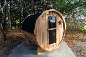 cedar barrel sauna at Aurora Cellars