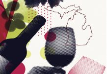 Illustration of a hand holding a wine glass, near a bottle of wine, and in front of a Michigan map.