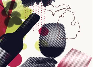 6 Tips to Consider Before Booking a Michigan Wine Tasting Illustration of a hand holding a wine glass, near a bottle of wine, and in front of a Michigan map.